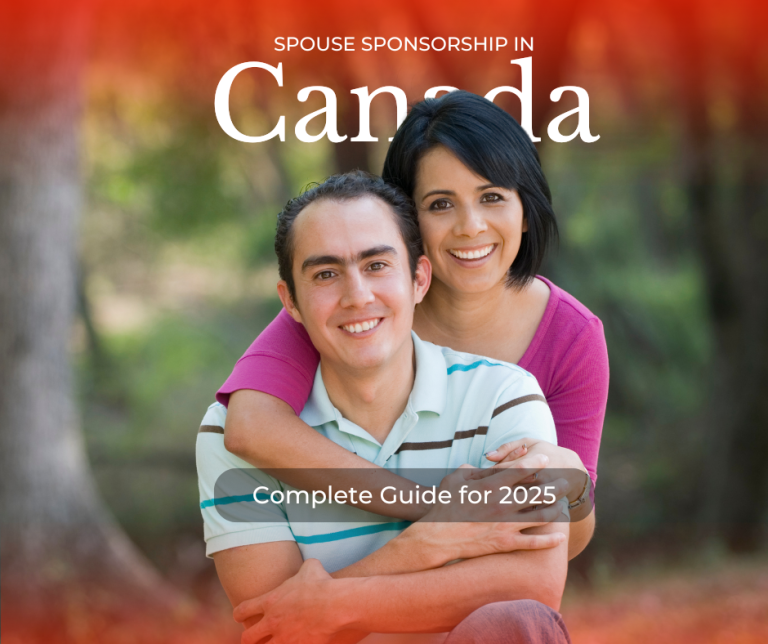 A happy couple embracing outdoors with a warm, blurred background, featuring a faded Canadian flag overlay. The text reads "Spouse Sponsorship in Canada: Complete Guide for 2025," highlighting a detailed guide on the spousal sponsorship process for Canadian immigration.