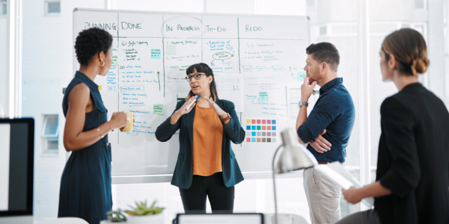 A team of professionals discussing a Sales & Marketing Strategy for Running a Business After PR Approval in a modern office, with a whiteboard displaying business planning and execution steps.