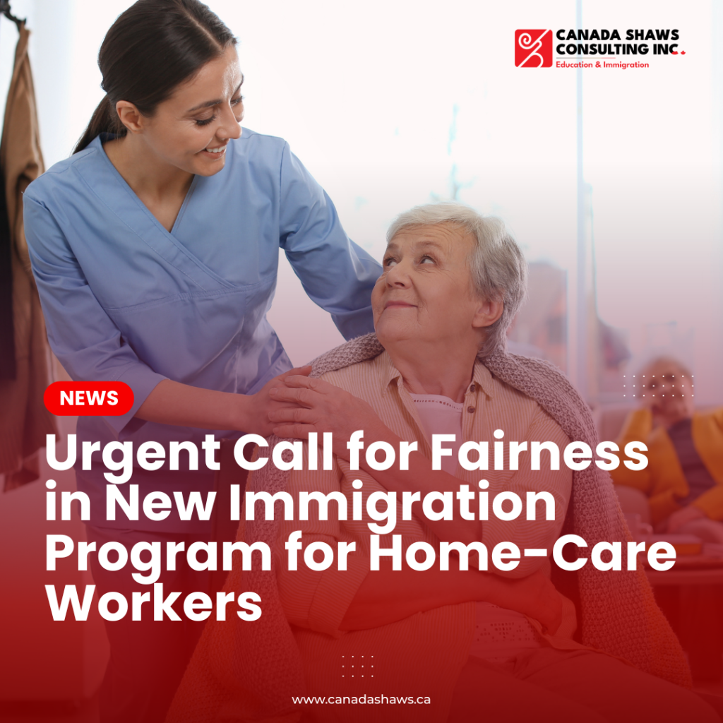 A photograph of a diverse group of home-care workers, including individuals of various ethnicities and ages, standing together in a Canadian community center, holding documents and smiling, symbolizing their anticipation and hope as they prepare to apply for Canada's new Home Care Worker Immigration Pilots program.