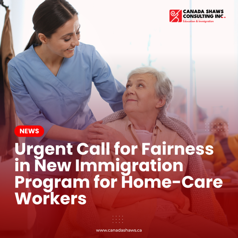 A photograph of a diverse group of home-care workers, including individuals of various ethnicities and ages, standing together in a Canadian community center, holding documents and smiling, symbolizing their anticipation and hope as they prepare to apply for Canada's new Home Care Worker Immigration Pilots program.