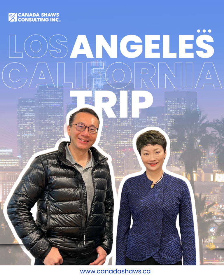 "Two professionals from Canada Shaws Consulting Inc. standing in front of a Los Angeles city skyline graphic with the text 'Los Angeles California Trip'."