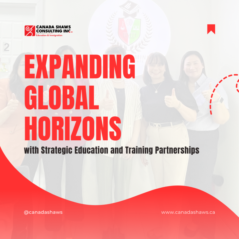 “Promotional banner from Canada Shaws Consulting Inc. with the slogan ‘Expanding Global Horizons with Strategic Education and Training Partnerships.’ Five women from the Canada Shaws and Brilliant Minds teams smile and give thumbs-up in front of the Brilliant Minds logo.”