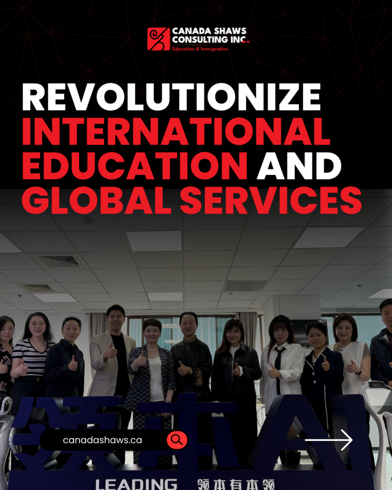 Canada Shaws President Cellia Xiao and Leading AI team pose for a group photo during a collaborative visit, with smart service robots and an AI sign in the foreground. Canada Shaws Forges Inspiring Partnership with Leading AI to Revolutionize International Education and Global Services 2025
