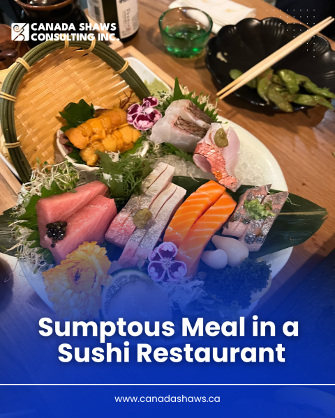 A colorful assortment of fresh sashimi and sushi, beautifully plated at a sushi restaurant, with chopsticks and edamame in the background.
