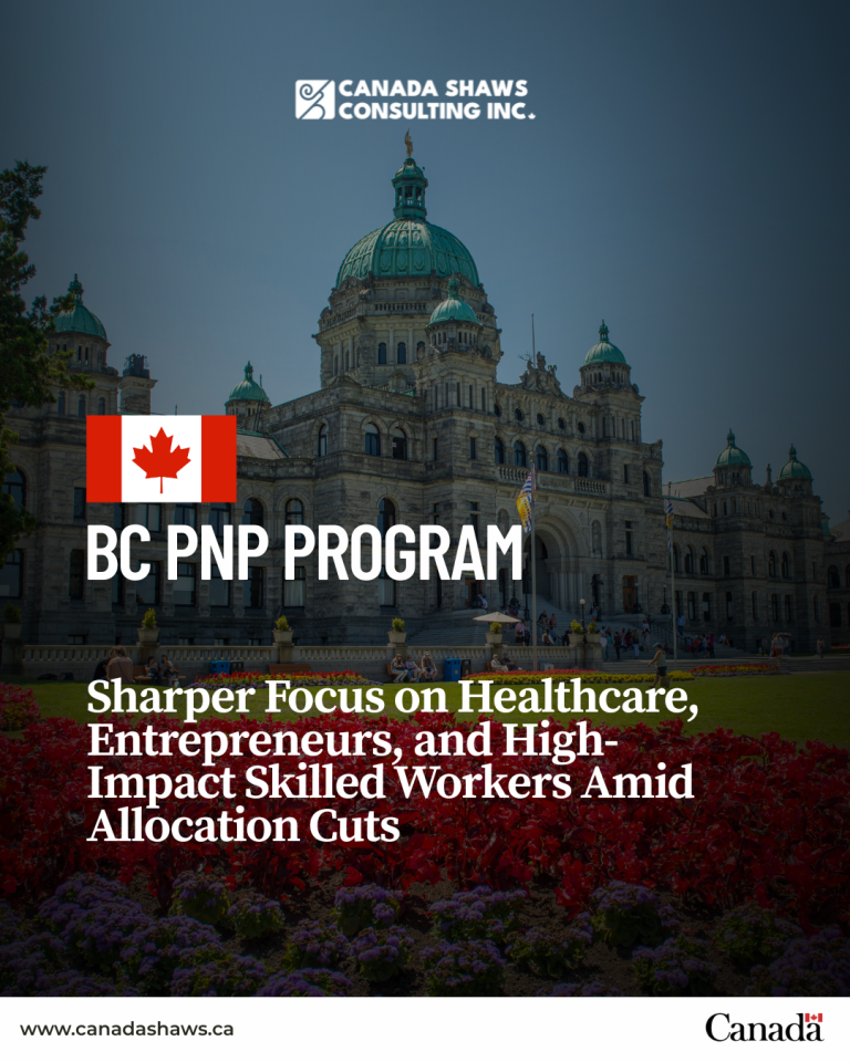 Promotional graphic for Canada Shaws Consulting Inc. featuring the BC Parliament Building and garden in Victoria, British Columbia. Text reads: 'BC PNP Program – Sharper Focus on Healthcare, Entrepreneurs, and High-Impact Skilled Workers Amid Allocation Cuts.' Includes logos for Canada Shaws and the Government of Canada