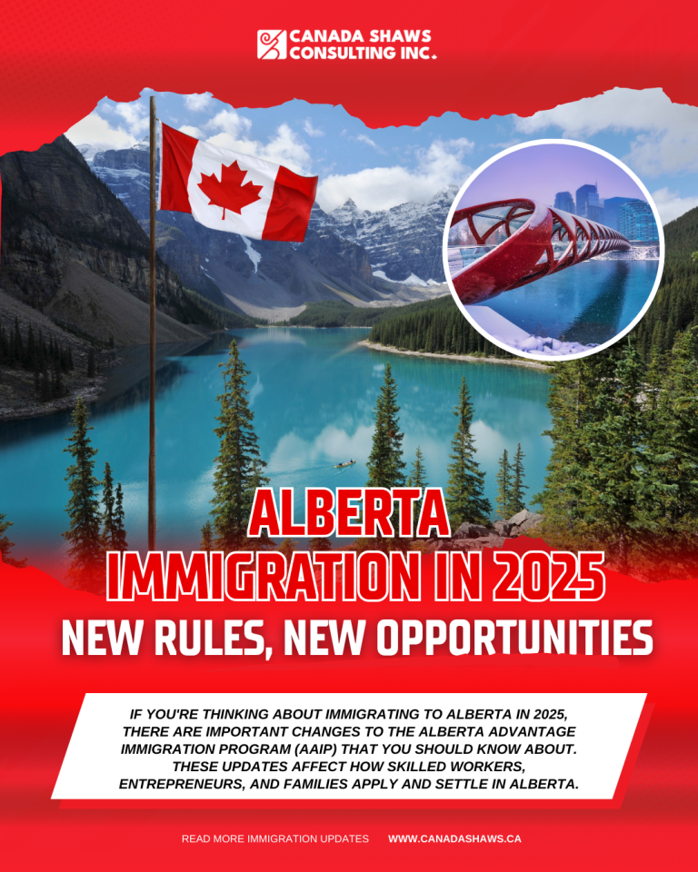 Promotional poster by Canada Shaws Consulting Inc. titled "Alberta Immigration in 2025: New Rules, New Opportunities," featuring Moraine Lake, a Canadian flag, and Calgary’s Peace Bridge — highlighting key updates to the Alberta Advantage Immigration Program (AAIP) that impact skilled workers, entrepreneurs, and families planning to immigrate to Alberta in 2025.