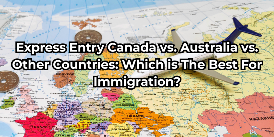searching the map for the best country for immigration with a toy airplane