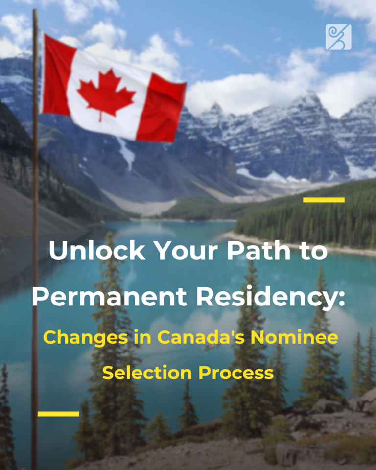 Image of the Canadian flag waving in front of a beautiful mountainous lake with lush greenery, accompanied by the text 'Unlock Your Path to Permanent Residency: Changes in Canada's Nominee Selection Process.