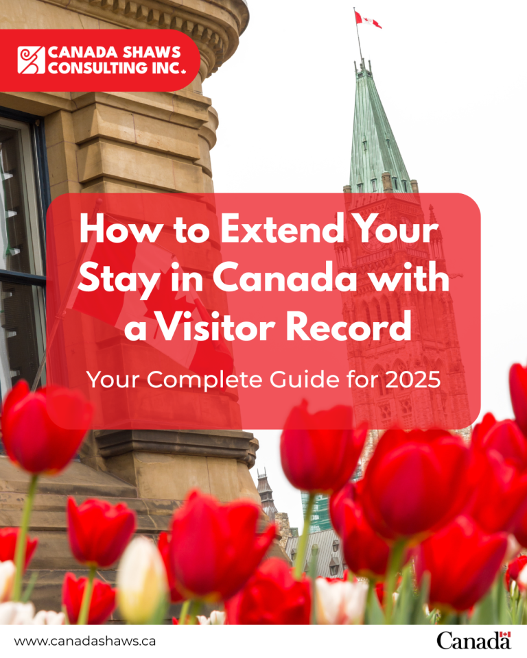 "Canada Shaws Consulting Inc. promotional graphic featuring Parliament Hill with red tulips and a Canadian flag, promoting a guide titled 'How to Extend Your Stay in Canada with a Visitor Record – Your Complete Guide for 2025' with the company website www.canadashaws.ca displayed at the bottom.