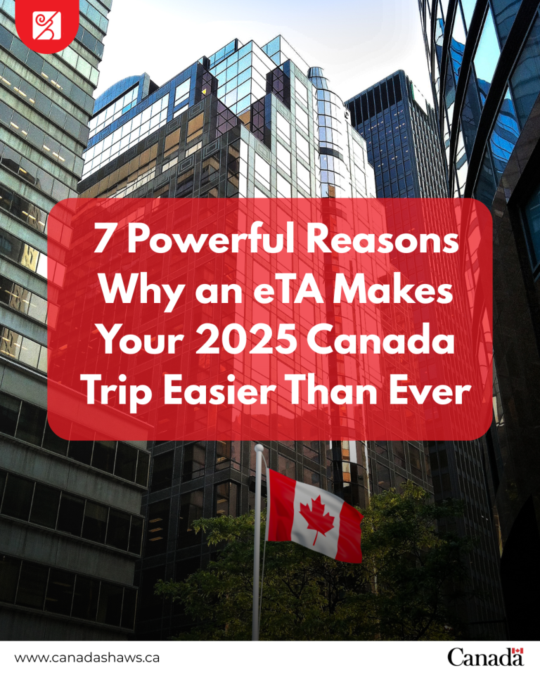 Downtown office buildings with a Canadian flag in the foreground and a bold headline overlay reading ‘7 Powerful Reasons Why an eTA Makes Your 2025 Canada Trip Easier Than Ever’—a promotional graphic by Canada Shaws Consulting for eTA travel guidance.