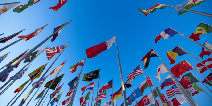 A group of international flags waving under a clear blue sky, representing global options for entrepreneurs choosing the best country for business startup