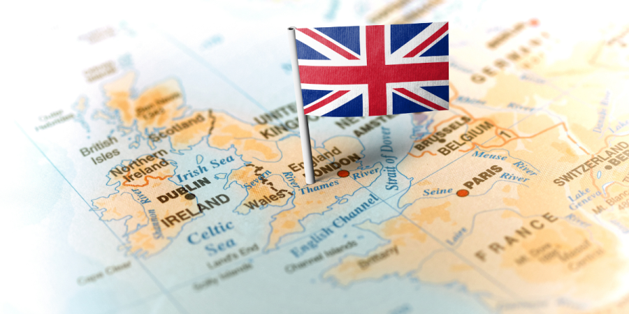uk flag marking london on map best countries to study abroad