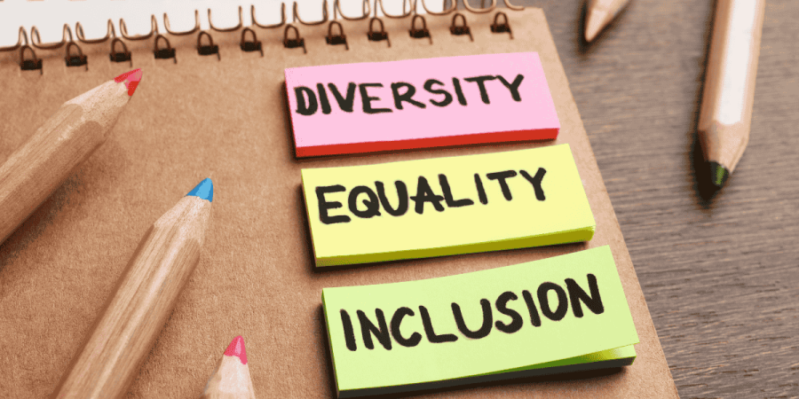 sticky notes with diversity equality inclusion representing work culture values