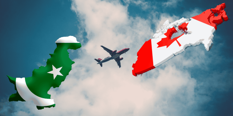 airplane flying between maps showing journey from pakistan to canada