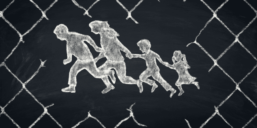 chalk drawing of family fleeing behind fence representing refugee status