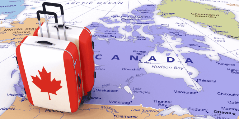 canada map with suitcases symbolizing travel and healthcare for immigrants opportunities