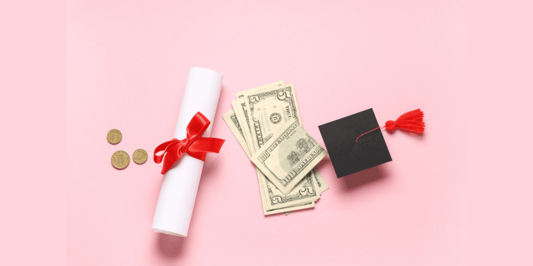 graduation cap, diploma, and money showing cost of studying abroad