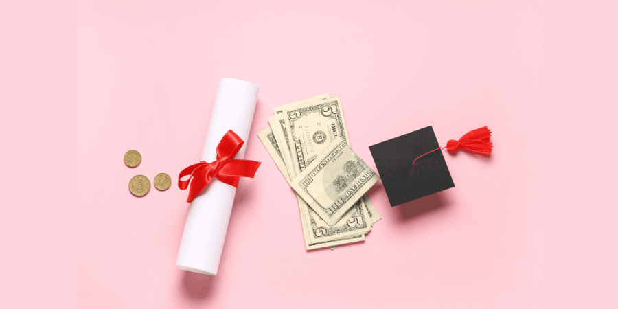 graduation cap, diploma, and money showing cost of studying abroad