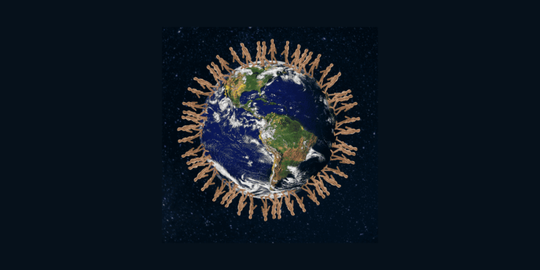 illustration of people encircling the earth representing climate-driven migration