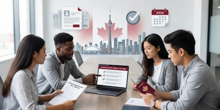 International students reviewing documents and discussing Canada’s 2025 study permit cap