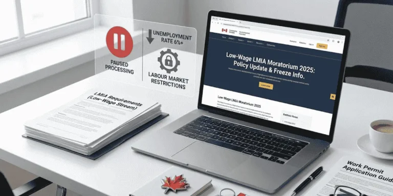 Desk with policy documents and paused processing notices explaining Low-Wage LMIA in Canada