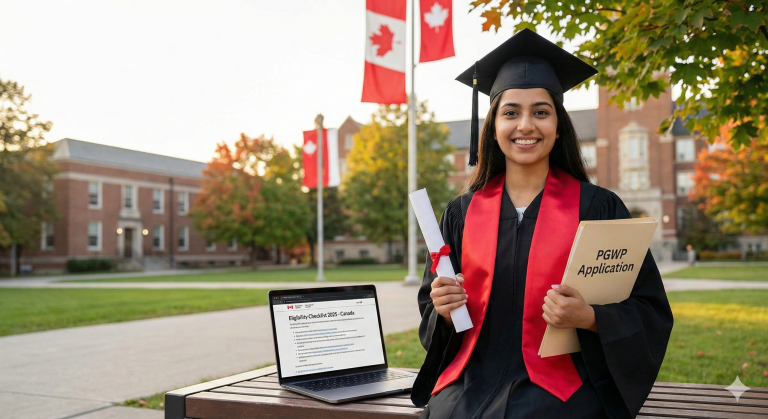 pgwp eligibility 2025 graduate holding application folder with canada flags on campus