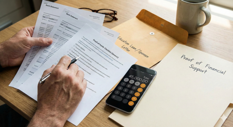 tudy permit proof of funds documents on desk with bank statements and checklist
