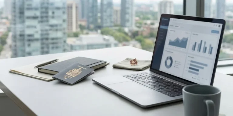 canada immigration trends 2026 laptop analytics with passport on bright office desk scenes
