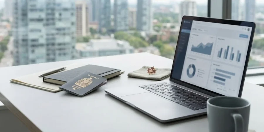 canada immigration trends 2026 laptop analytics with passport on bright office desk scenes