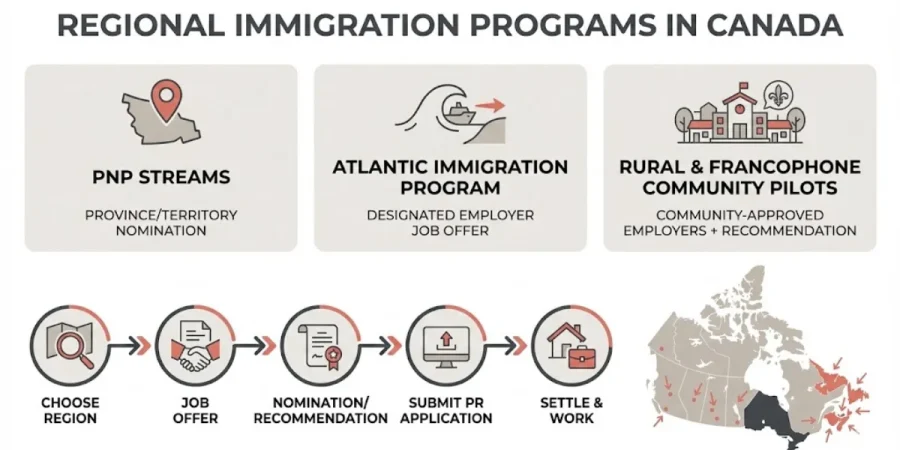 regional immigration programs infographic: pnp, atlantic program, rural pilots steps