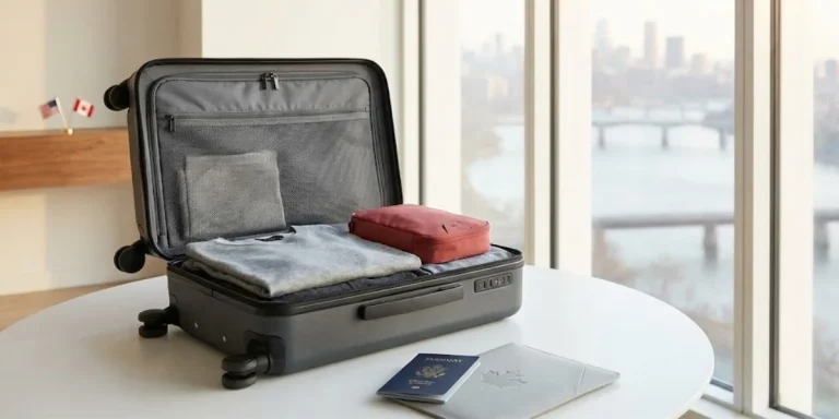 migration from the u.s. to canada: packed suitcase and passports by window