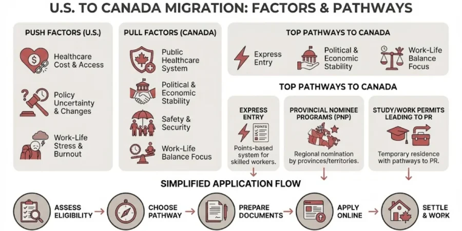 migration from the u.s. to canada: infographic of push pull factors and pathways
