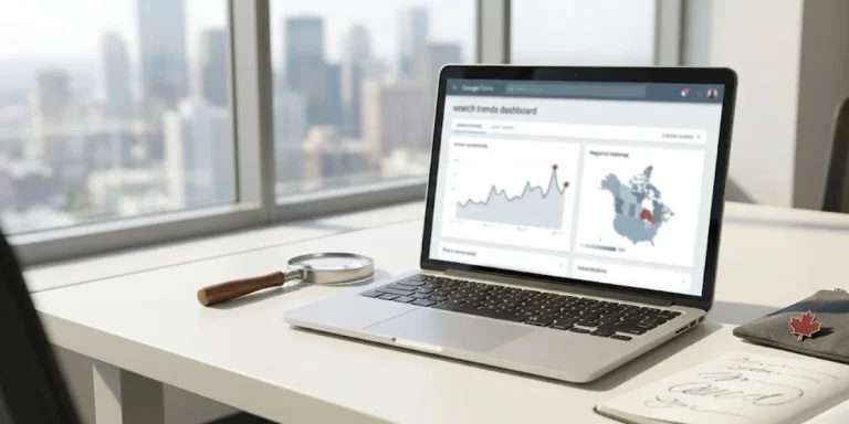 google search immigration trends: laptop dashboard and magnifying glass on desk