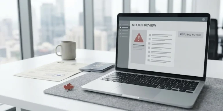 canada visa cancellation rules: status review screen with refusal notice on laptop