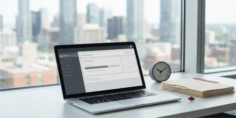 canada ircc processing times 2026: laptop timeline dashboard with clock by window
