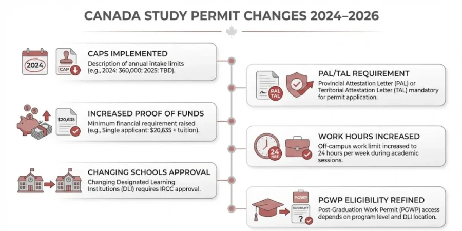 canada study permit changes infographic showing caps pal/tal funds work hours pgwp