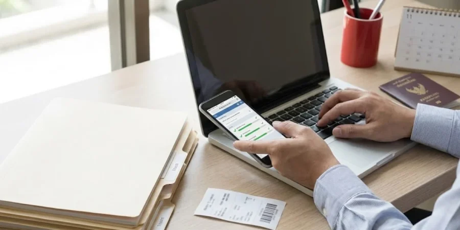 canada work permit application checklist on laptop with documents and phone