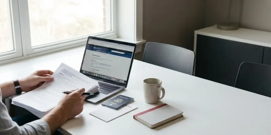 canada work permit application steps shown on laptop beside passport and forms