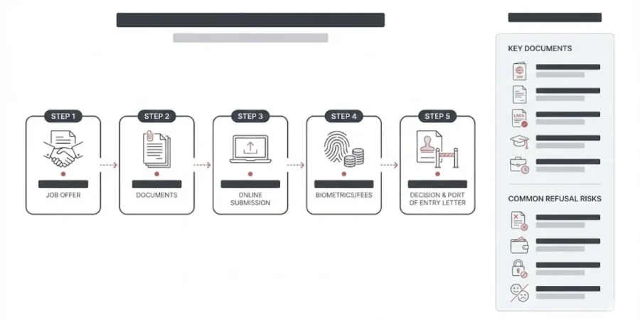 canada work permit application infographic showing 5-step process and key documents