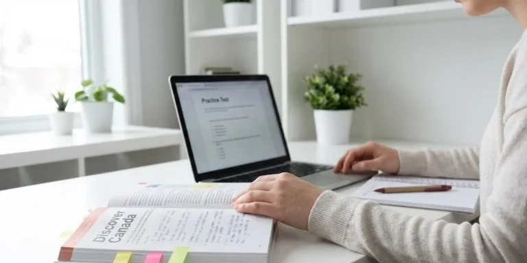 canadian citizenship test study with discover canada guide, laptop, and notes