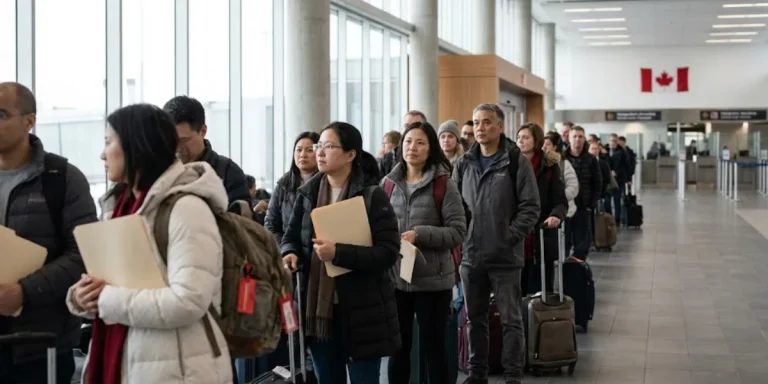canada asylum surge seen in airport immigration line with newcomers holding documents
