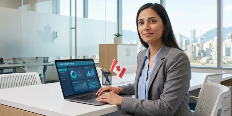 canada innovation stream work permit application tech worker with laptop in canada office