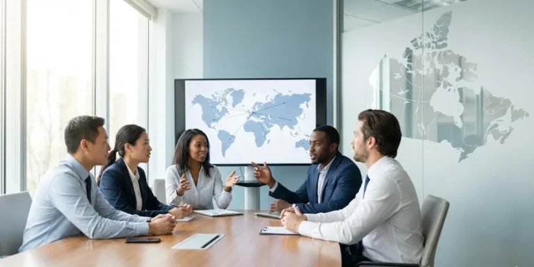 canada shaws team discussing business strategy with data analysis in modern office